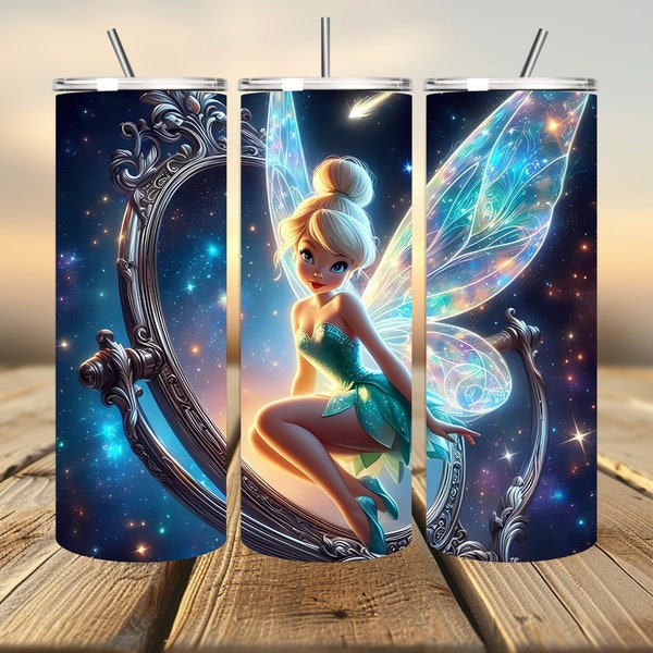 3D Cute Tinkerbell Mirror Tumbler Wrap, Princess Tumbler Wrap Sublimation Design PNG, 20oz Skinny Straight & Tapered Fairy Tumbler Wrap
