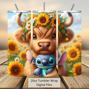 Envoltura de vaso de vaca de las tierras altas 3D y girasoles de puntada, vaso de 20 oz, envoltura de vaso de puntada, diseño de vaca png, sublimación de vaso, archivo digital png