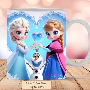 3D Elsa, Anna und Olaf Herz Tassenfolie, 3D Frozen Love Tassenfolie Sublimation Design PNG, Tasse 11oz und 15oz Tassenfolie, Digitale Dateien herunterladen