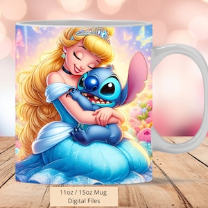 3D Stitch and Cinderella Mug Wrap, 3D Cute Princess Mug Wrap Sublimation Design PNG, Mug 11oz and 15oz Stitch Mug Wrap