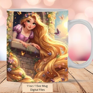 3D prinses Rapunzel lang haar in venster mok wrap, 3D Rapunzel mok wrap sublimatie ontwerp PNG, mok 11oz en 15oz prinses bloemen mok wrap