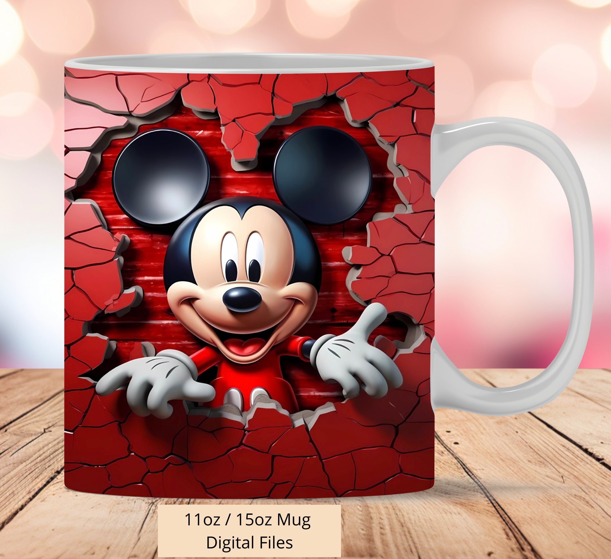 3D Mouse Mug Wrap, 3D Cracked Hole red Mouse Mug Wrap Sublimation Design PNG, 3D Hearts 11oz and 15oz Valentine Mug Wrap