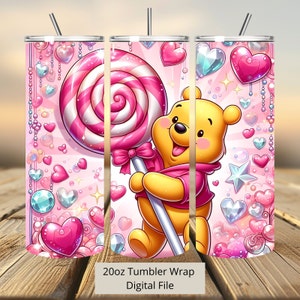 3D Kubuś Puchatek Różowy Lolipop Kubek Wrap, Kubuś Puchatek Wrap Sublimacja Projekt PNG, 20 uncji Chudy prosty i zwężany Tumbler Wrap