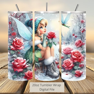 3D Cute Tink Winter Flowers Tumbler Wrap, Princess Tumbler Wrap Sublimation Design PNG, 20oz Skinny Straight & Tapered Fairy Tumbler Wrap