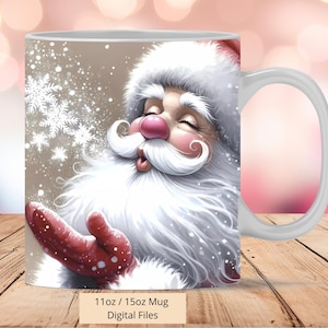Pode incluir: Caneca de cerâmica branca com uma ilustração colorida do Papai Noel soprando neve. A caneca tem uma alça e diz "11oz / 15oz Mug Digital Files".