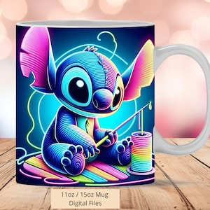 3D Cute Stitch Toy Mug Wrap, 3D Stitch Neon Mok Wrap Sublimatie Ontwerp PNG, Mok 11oz en 15oz Stitch Mok Wrap