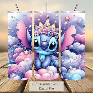 3D Stitch Princess Tumbler Wrap, 20oz Tumbler, Cartoon Tumbler Wrap, Stitch Aquarel Ontwerp Png, Tumbler Sublimatie, Digitaal Bestand Png