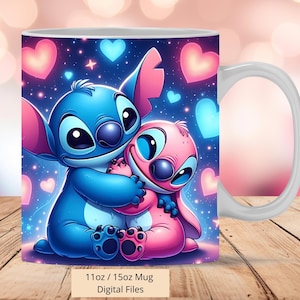 Involucro per tazza 3D Stitch e Angel Love, 3D Angel Mug Wrap Sublimation Design PNG, Mug 11oz e 15oz Stitch Mug Wrap, Download di file digitali