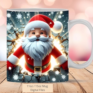 Opakowanie na kubek 3D Santa Christmas Cracked Hole Shine, 3D opakowanie na kubek Świętego Mikołaja projekt sublimacyjny PNG, kubek 11 uncji i 15 uncji opakowanie na kubek świąteczny, cyfrowy png