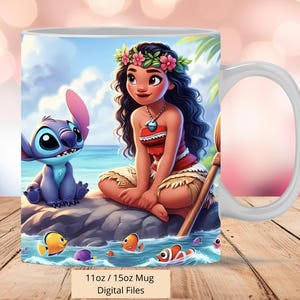 3D Moana Love Stitch Sea Mug Wrap, 3D Princess Mug Wrap Sublimation Design PNG, Mug 11oz and 15oz Moana Mug Wrap, Digital files Download