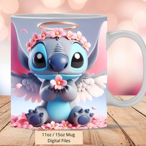 3D Stitch Angel Flowers Mug Wrap, 3D Mug Wrap Sublimation Design PNG, Stitch Mug 11oz and 15oz, Stitch Mug Wrap, Instant Digital Download