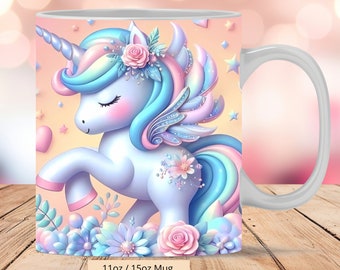 May include: A white ceramic mug with a colorful illustration of a unicorn with a rainbow mane and tail. The unicorn is surrounded by flowers and stars. The mug is 11 oz / 15 oz and is for digital files only.