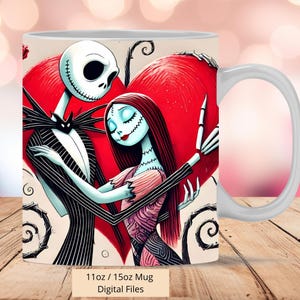 3D Love Jack and Sally Heart Mug Wrap, 3D Xmas Mug Wrap Sublimation Design PNG, Mug 11oz and 15oz Sally Mug Wrap, Instant Digital files PNG