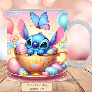 3D Cute Stitch Cup Easter Butterfly Mug Wrap, 3D Mug Wrap Sublimation Design PNG, Mug 11oz and 15oz Stitch Mug Wrap, Digital PNG Download