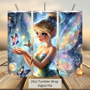 3D schattige Tinkerbell Tumbler Wrap, Princess Tumbler Wrap Sublimatie Design PNG, 20oz Skinny Straight & Taps toelopende Fairy Vlinders Tumbler Wrap