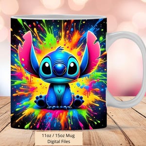 3D Cute Stitch Colorful Splash Mug Wrap, 3D Mug Wrap Sublimation Design PNG, Mug 11oz and 15oz Stitch Neon Mug Wrap, Only Digital Files