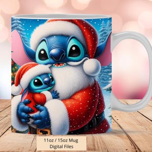 3D Cute Stitch Santa Christmas Mug Wrap, 3D Xmas Mug Wrap Sublimation Design PNG, Mug 11oz and 15oz Stitch Mug Wrap, Instant Digital PNG