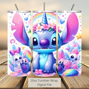 3D Stitch Einhorn Tumbler Wrap, Stitch Rainbow Tumbler Wrap Sublimation Design PNG, 20oz Skinny Straight & Tapered Stitch Tumbler Wrap