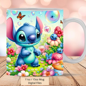 Tazza con motivo Stitch in giardino 3D, tazza con motivo Stitch Flowers 3D, design a sublimazione PNG, tazza Stitch da 11 once e tazza da 15 once
