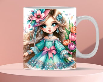 Cute Girl Flowers Mug Wrap, 11oz & 15oz Mug Template, Mug Sublimation Design, Valentines Mug Wrap Template, Instant Digital Download PNG