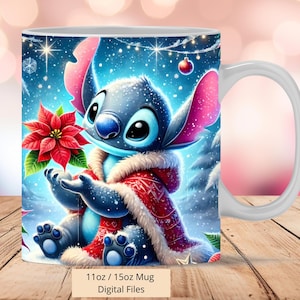 3D Cute Stitch Christmas Flowers Mug Wrap, 3D Xmas Mug Wrap Sublimation Design PNG, Mug 11oz and 15oz Stitch Mug Wrap, Instant Digital PNG