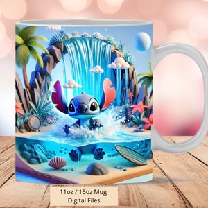 3D Stitch Splash Water Island Mug Wrap, 3D Stitch Mug Wrap Sublimation Design PNG, Mug 11oz and 15oz Mug Wrap, Instant Digital PNG Download