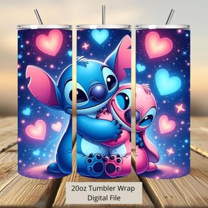 3D Love Angel and Stitch Tumbler Wrap, Angel Tumbler Wrap Sublimation Design PNG, 20oz Skinny Straight & Tapered Stitch Tumbler Wrap