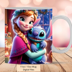 3D Anna and Stitch Mug Wrap, 3D Stitch Mug Wrap Sublimation Design PNG, Mug 11oz and 15oz Frozen Mug Wrap