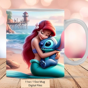 3D Nermaid Ariel Hugg Stitch Mug Wrap, 3D Stitch Mug Wrap Sublimation Design PNG, Mug 11oz and 15oz, Princess Ariel Mug Wrap