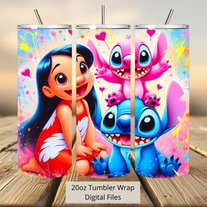 3D Lilo, Angel and Stitch Love Tumbler Wrap, Stitch Tumbler Wrap Sublimation Design PNG, 20oz Skinny Straight & Tapered Lilo Tumbler Wrap