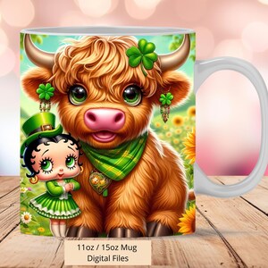 Envoltura para taza 3D Highland Cow y Betty St Patrick, diseño de sublimación de envoltura para taza 3D Sunflowers PNG, taza 3D de 11 oz y 15 oz, PNG digital instantáneo