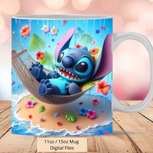 3D Cute Stitch Sleep in Beach Mug Wrap, 3D Stitch Mug Wrap Sublimation Design PNG, Mug 11oz and 15oz Beach Mug Wrap