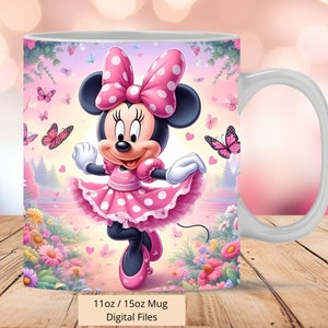Envoltura para taza 3D linda de Minnie rosa en el jardín, diseño de sublimación de envoltura para taza con flores y mariposas de ratón 3D PNG, ratón de amor 3D de 11 oz y 15 oz