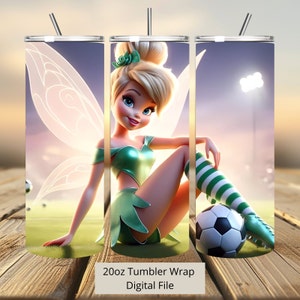 3D Cute Fairy Tink Soccer Tumbler Wrap, Princess Tumbler Wrap Sublimation Design PNG, 20oz Skinny Straight & Tapered Tinkerbell Tumbler Wrap