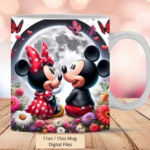 Minnie and Mickey Mouse Mug Wrap, 3D Flowers and Butterflies Mouse Mug Wrap Sublimation Design PNG, 3D Love Mouse 11oz and 15oz