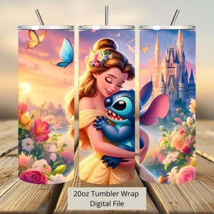 3D Belle en Stitch Tumbler Wrap, Princess Tumbler Wrap Sublimatie Ontwerp PNG, 20oz Skinny Rechte & Taps Toelopende Stitch Tumbler Wrap