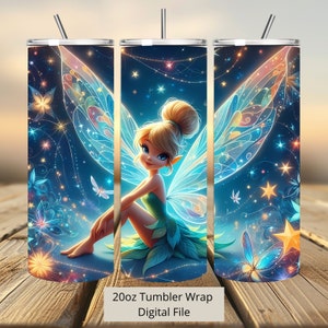 3D Cute Fairy Tink Stars Tumbler Wrap, Princess Tumbler Wrap Sublimation Design PNG, 20oz Skinny Straight & Tapered Tinkerbell Tumbler Wrap
