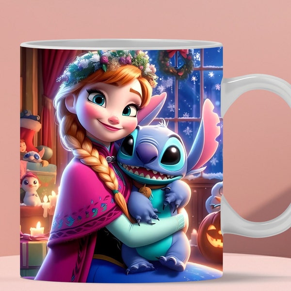 3D Anna and Stitch Mug Wrap, 3D Mug Wrap Sublimation Design PNG, Mug 11oz and 15oz Frozen Mug Wrap