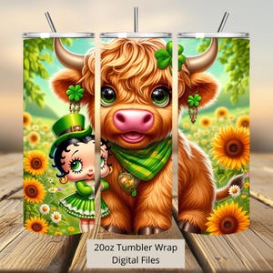 Envoltura para vaso con diseño de vaca de las tierras altas en 3D y girasoles Betty, vaso de 20 oz, envoltura para vaso de San Patricio, diseño png, sublimación de vaso, archivo digital png