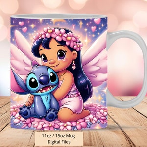 3D Cute Lilo Angel and Stitch Mug Wrap, 3D Angel Mug Wrap Sublimation Design PNG, Mug 11oz and 15oz Stitch Mug Wrap, Digital Files