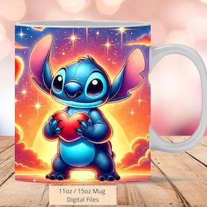 3D Cute Stitch Sunset Hearts Mug Wrap, 3D Valentine Mug Wrap Sublimation Design PNG, Mug 11oz and 15oz Stitch Mug Wrap, Only Digital Files