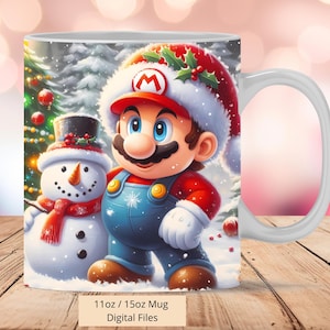 Świąteczne opakowanie na kubek 3D Super Mario i bałwanek, szablon kubka świątecznego 11 uncji i 15 uncji, projekt sublimacji kubka, szablon opakowania na kubek Mario, cyfrowe PNG