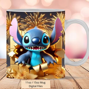 3D Cute Stitch Cracked Hole Gold Shine Mug Wrap, 3D Mug Wrap Sublimation Design PNG, Mug 11oz and 15oz Stitch Neon Mug Wrap, Digital Files