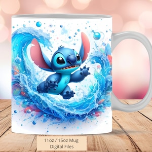 3D schattige Stitch Splash mok wrap, 3D Stitch mok wrap sublimatie ontwerp PNG, mok 11oz en 15oz Stitch mok wrap