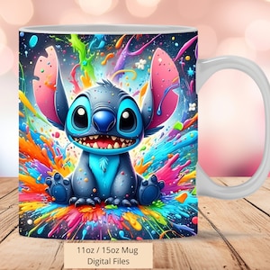 3D Cute Stitch Colorful Splash Mug Wrap, 3D Mug Wrap Sublimation Design PNG, Tasse 11oz und 15oz Stitch Neon Mug Wrap, nur digitale Dateien