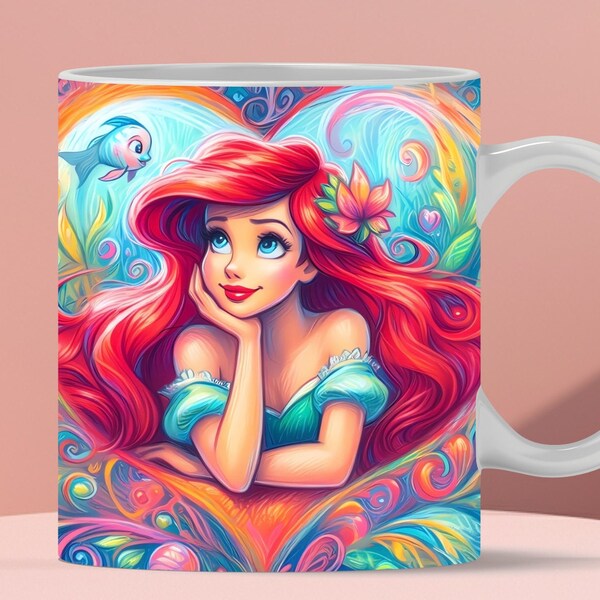 3D Heart Nermaid Mug Wrap, 3D Mug Wrap Sublimation Design PNG, Mug 11oz and 15oz Princess Ariel Mug Wrap