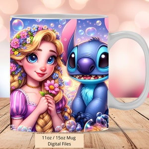 3D Cute Rapunzel Flowers and Stitch Mug Wrap, 3D Stitch Mug Wrap Sublimation Design PNG, Princess Mug 11oz and 15oz Stitch Mug Wrap