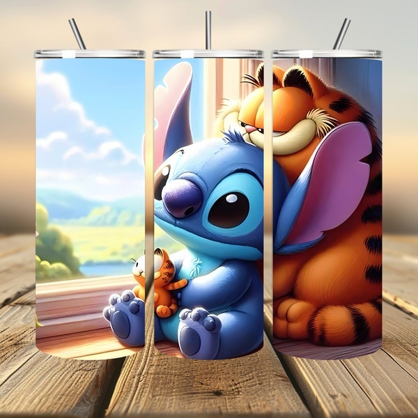 3D Stitch and Garfield Tumbler Wrap, Garfield Tumbler Wrap Sublimation Design PNG, 20oz Skinny Straight & Tapered Stitch Tumbler Wrap