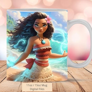 3D schattige prinses Moana zee mok wrap, 3D prinses mok wrap sublimatie ontwerp PNG, mok 11oz en 15oz Moana mok wrap, digitale bestanden downloaden