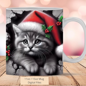 3D-Kätzchen-Cracked-Loch-Weihnachtsbecherverpackung, Tassenverpackungs-Sublimationsdesign PNG, 11-Unzen- und 15-Unzen-Kaffeetassen-Vorlage, 3D-niedliches Katzenbecher-Pressdesign